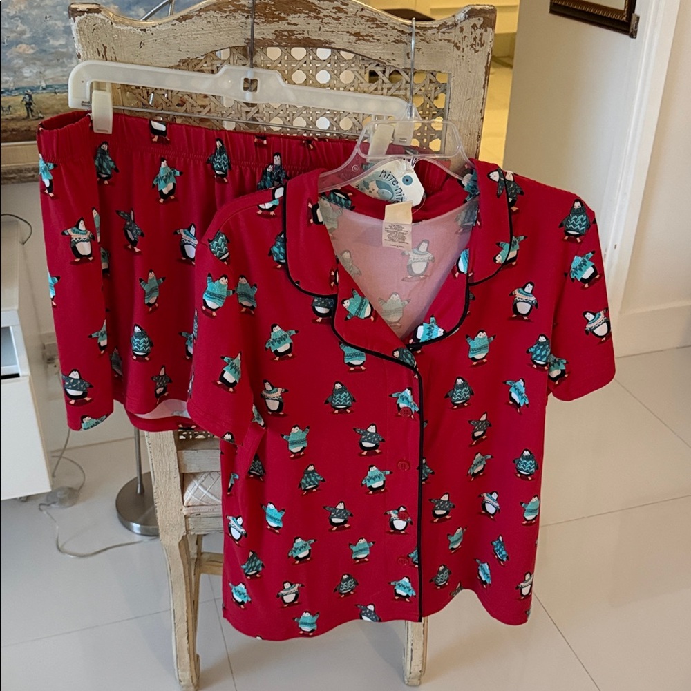 Munki Munki Red/Black/Aqua Penguins in Sweaters  Print Pajama Short Set